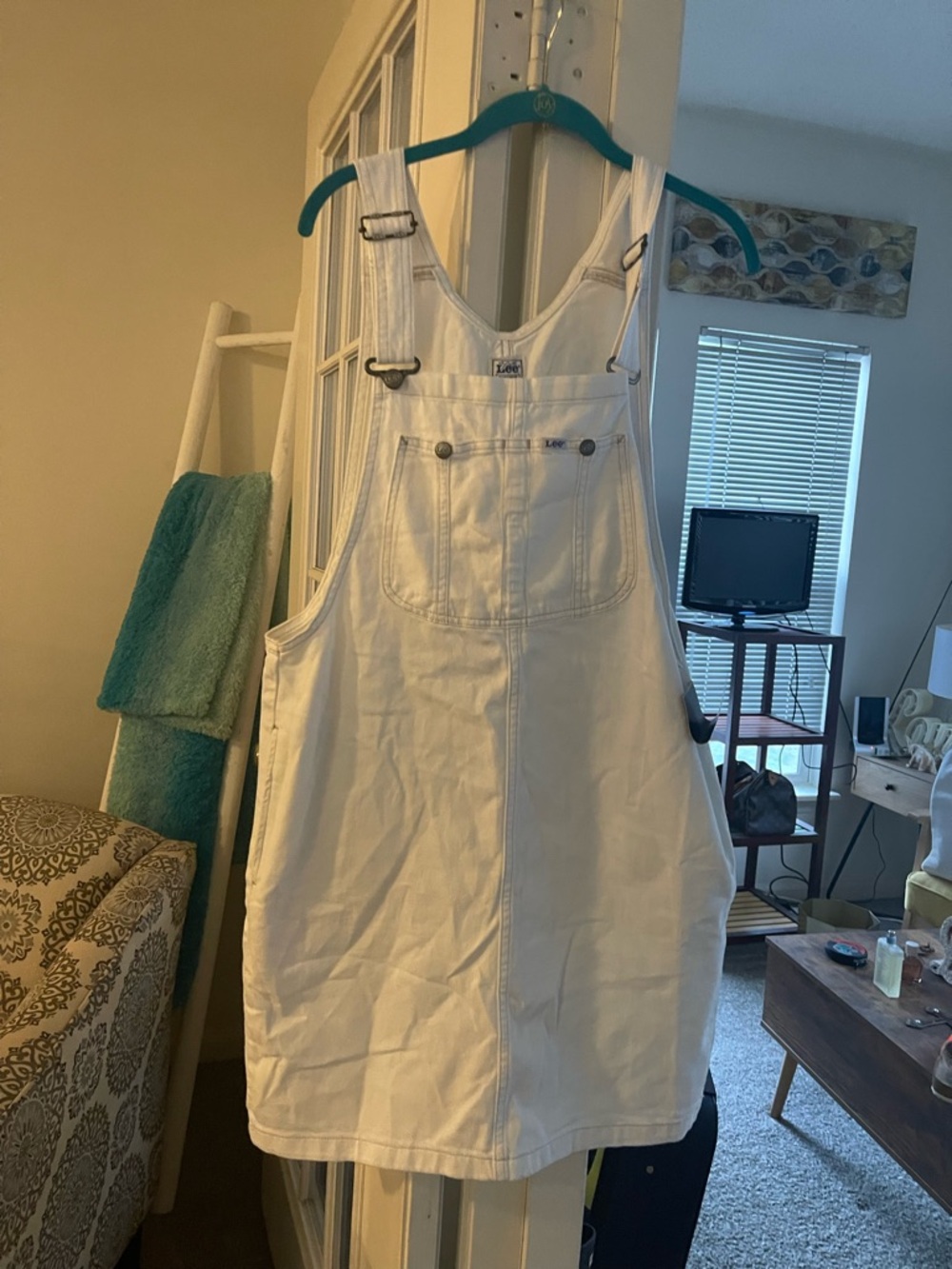 Lee White Denim Pinafore  overall Dress with Front Bib Pocket